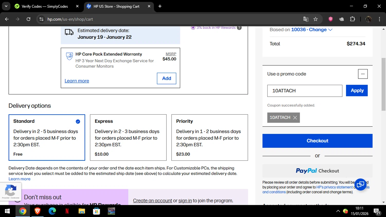 HP promo code screenshot showing code 10ATTACH applied at HP checkout page. Uploaded by SimplyCodes community member ELYEYE on Jan 15, 2026