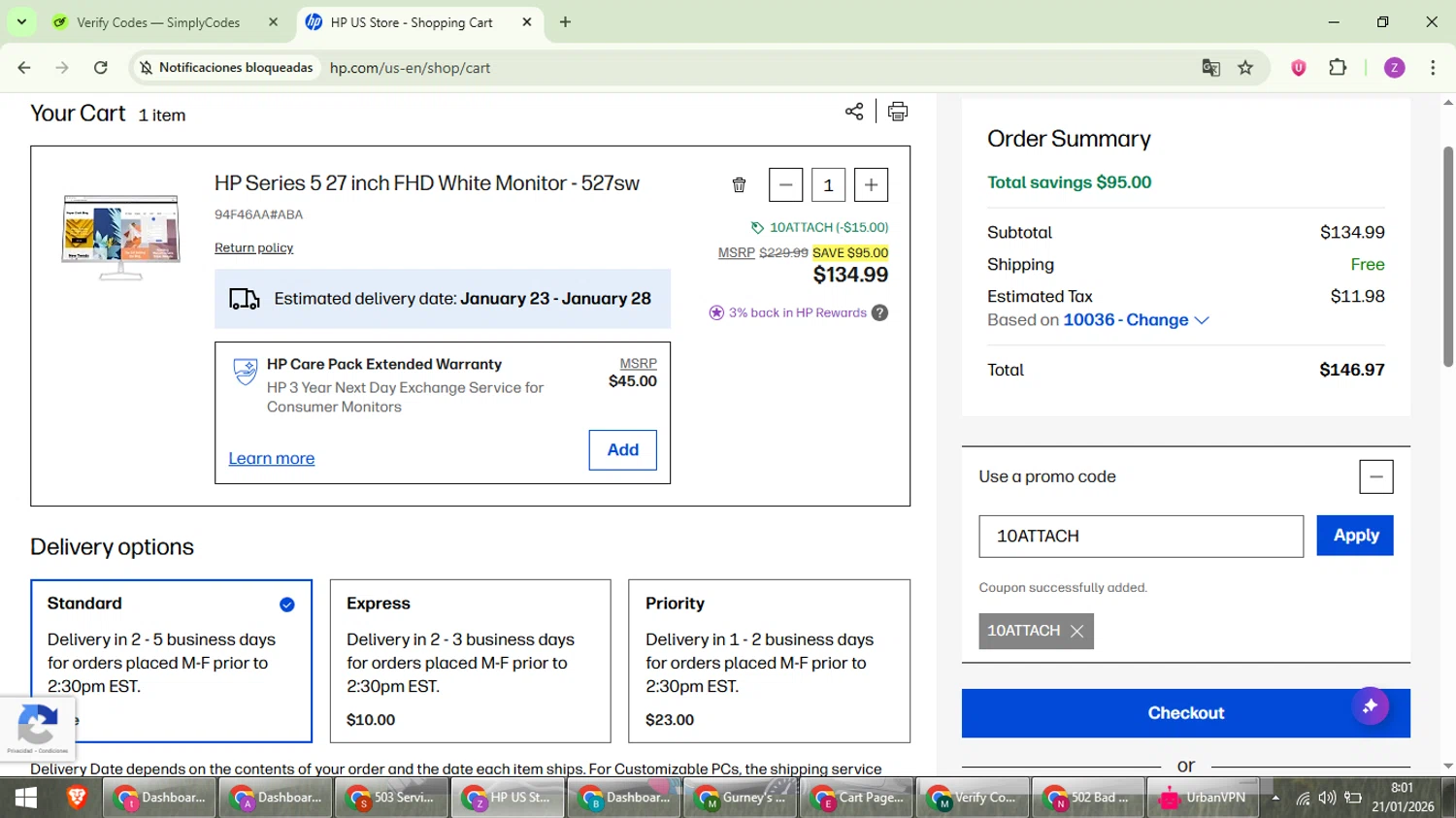 HP checkout page showing HP promo code box | Screenshot taken by SimplyCodes community member on Jan 21, 2026