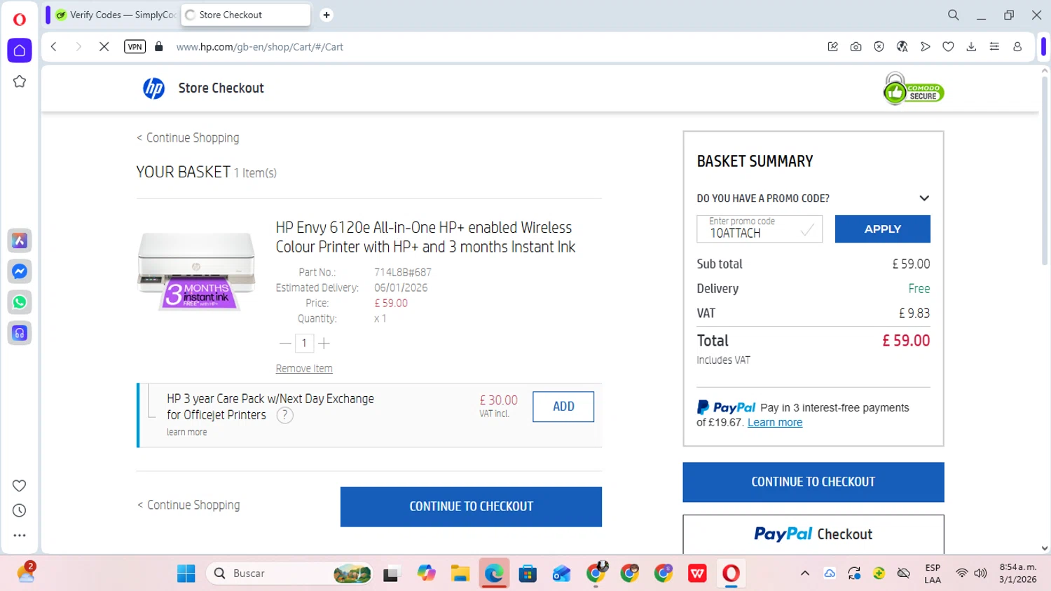 HP promo code screenshot showing code 10ATTACH applied at HP checkout page. Uploaded by SimplyCodes community member YunoMaria on Jan 3, 2026