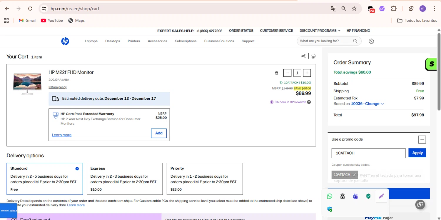 HP promo code screenshot showing code 10ATTACH applied at HP checkout page. Uploaded by SimplyCodes community member marieugepolanco on Dec 10, 2025