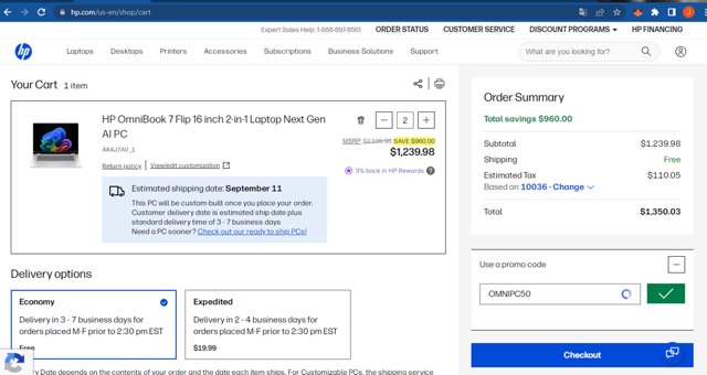 HP checkout page showing HP promo code box | Screenshot taken by SimplyCodes community member on Aug 25, 2025