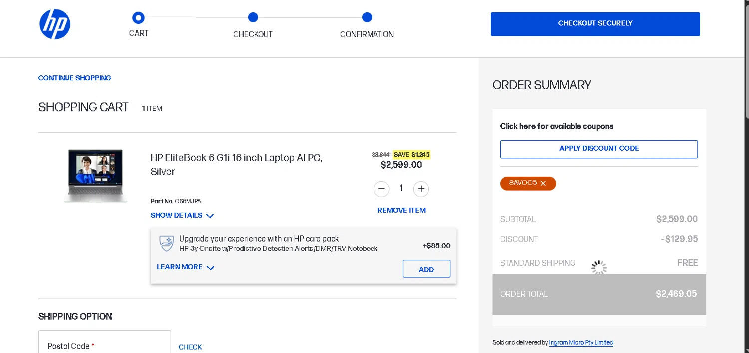 HP promo code screenshot showing code SAVOO5 applied at HP checkout page. Uploaded by SimplyCodes community member CrownAce9258 on Dec 24, 2025