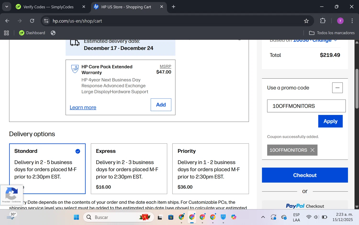 HP promo code screenshot showing code 10OFFMONITORS applied at HP checkout page. Uploaded by SimplyCodes community member FrugalKnight6753 on Dec 15, 2025