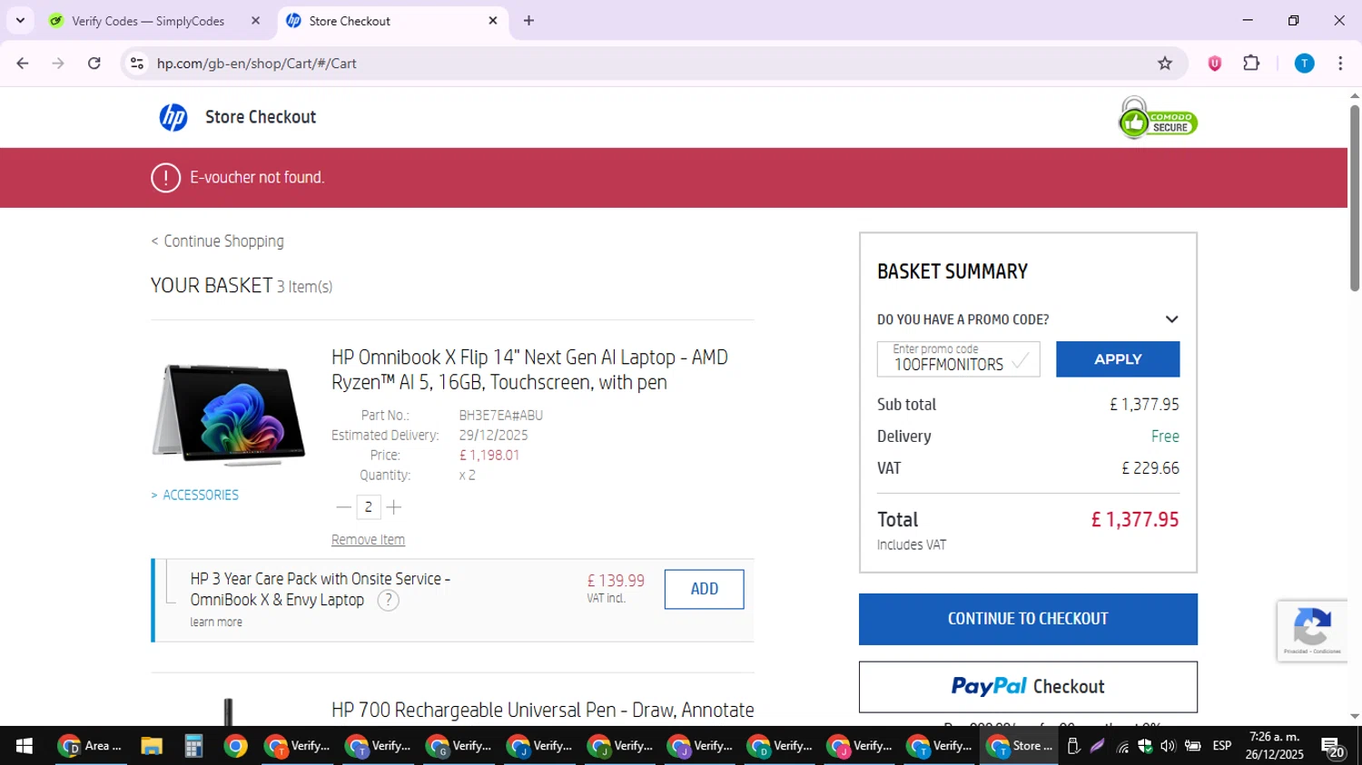 HP promo code screenshot showing code 10OFFMONITORS applied at HP checkout page. Uploaded by SimplyCodes community member LuckyPioneer4530 on Dec 26, 2025