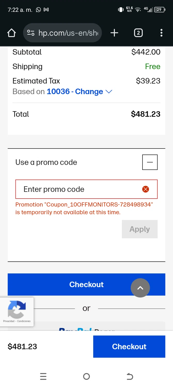 HP promo code screenshot showing code 10OFFMONITORS applied at HP checkout page. Uploaded by SimplyCodes community member TokenAce5969 on Dec 26, 2025