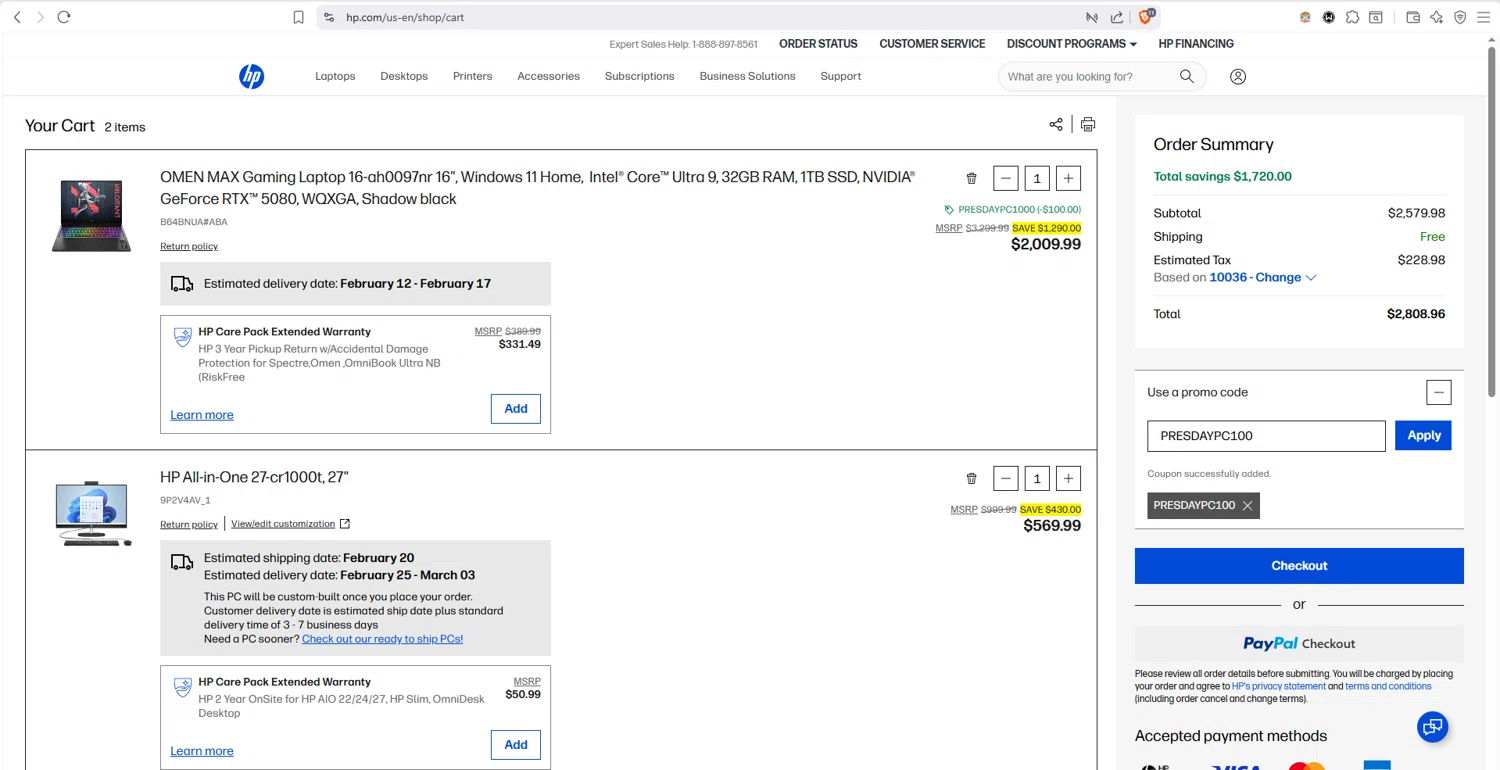 HP checkout page showing HP promo code box | Screenshot taken by SimplyCodes community member on Feb 10, 2026