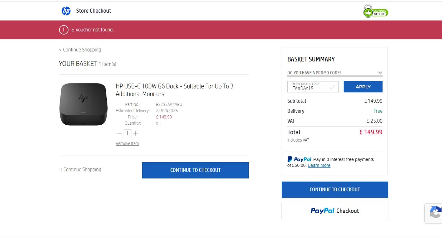 Verification screenshot for 15% Off Select Items at HP — 44d ago