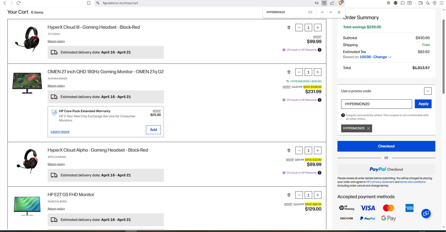 Verification screenshot for 20% Off Monitors and Accessories (special Restrictions Apply) at HP — 52d ago