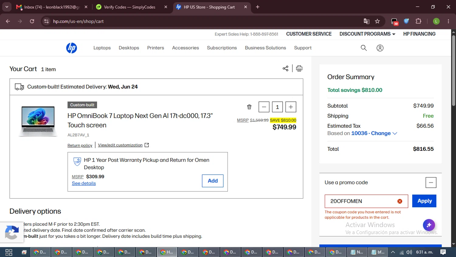 Verification screenshot for 20% Off Men by Hp 238 Inch Fhd 165hz Gaming Monitor Omen 24 at HP — 2d ago