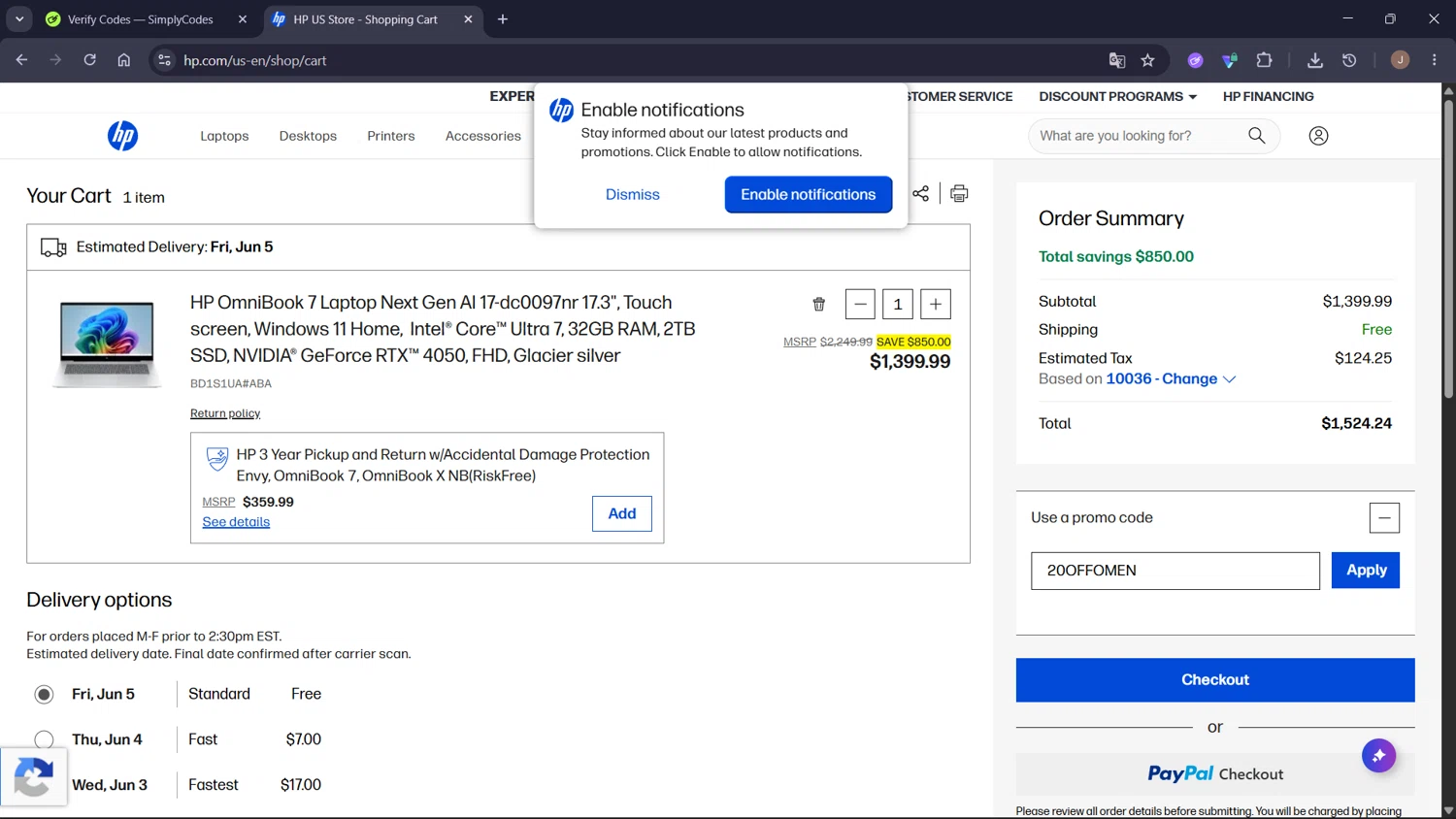Verification screenshot for 20% Off Men by Hp 238 Inch Fhd 165hz Gaming Monitor Omen 24 at HP — 3d ago