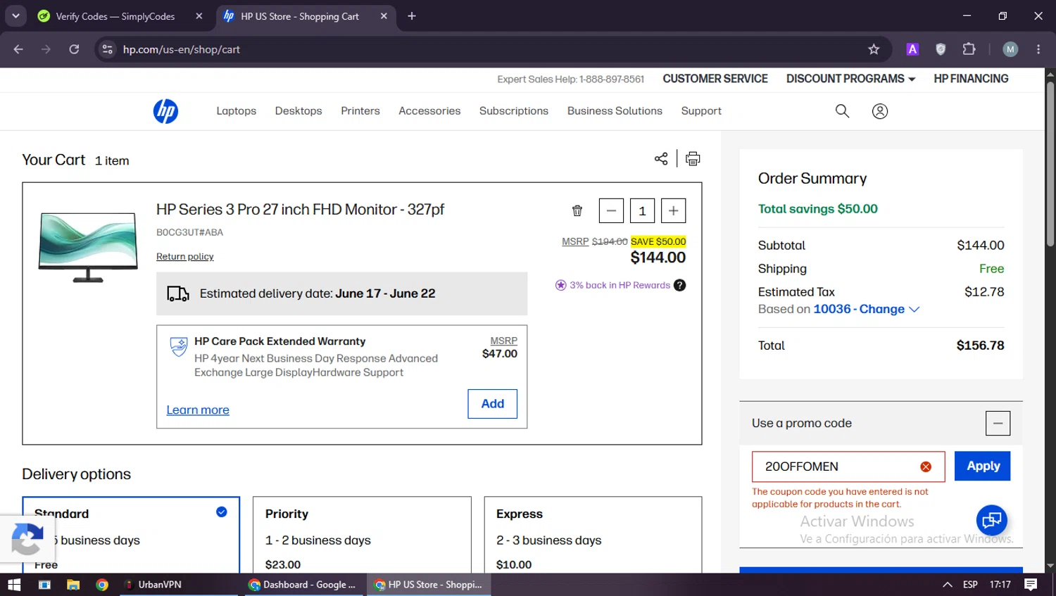 Verification screenshot for 20% Off Men by Hp 238 Inch Fhd 165hz Gaming Monitor Omen 24 at HP - 10d ago
