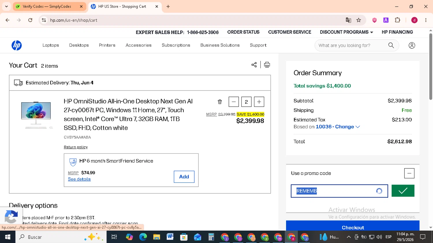 Verification screenshot for $150 Off Select Business Pcs (members Only) at HP - 46d ago