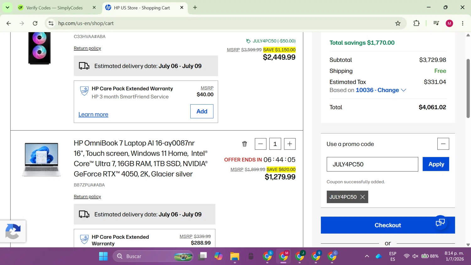 Verification screenshot for $50 Off Select Products at HP - 33d ago