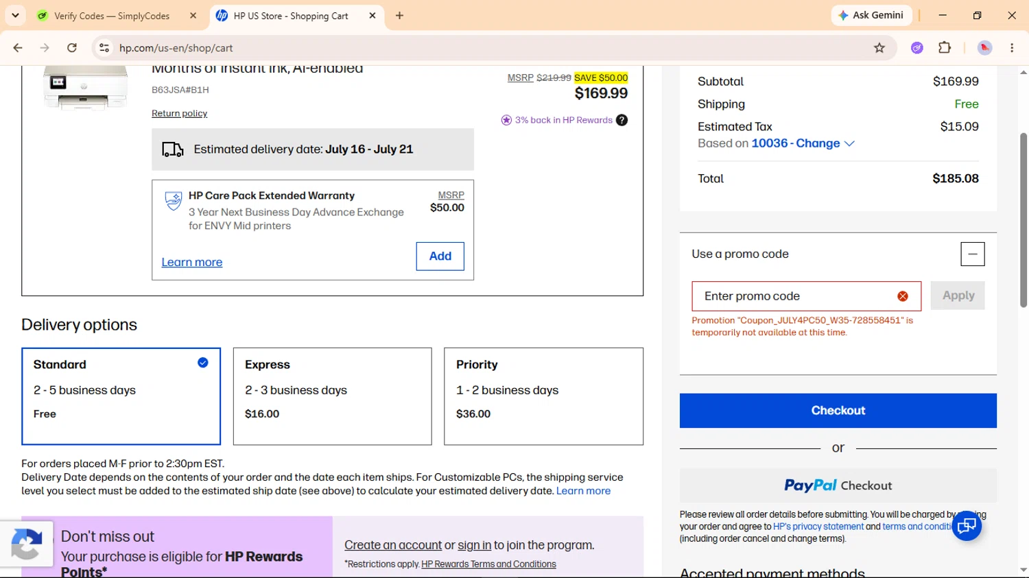 Verification screenshot for $50 Off Select Products at HP - 21d ago