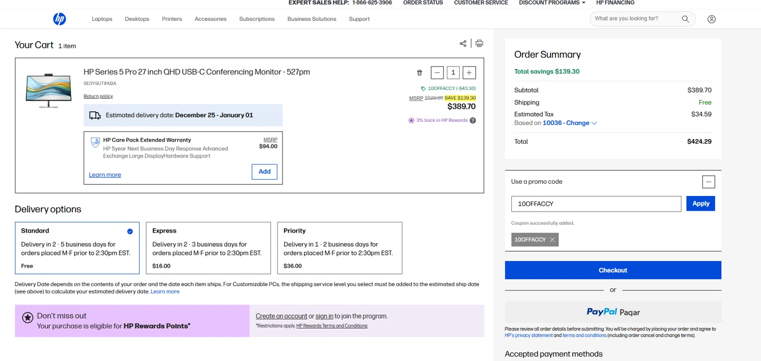 HP promo code screenshot showing code 10OFFACCY applied at HP checkout page. Uploaded by SimplyCodes community member DORIANGEL on Dec 22, 2025