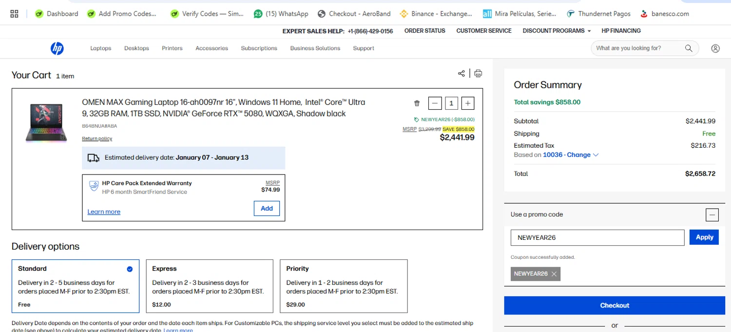 HP promo code screenshot showing code NEWYEAR26 applied at HP checkout page. Uploaded by SimplyCodes community member Loki_Odinson on Jan 4, 2026