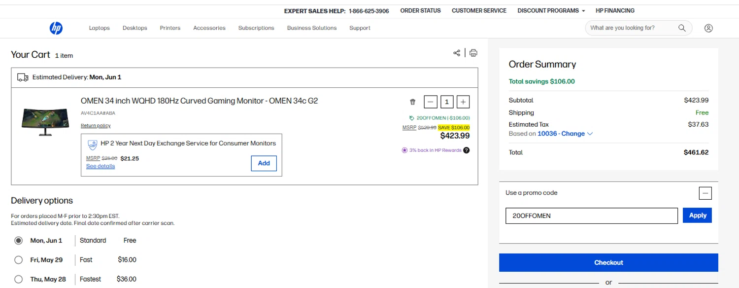 Verification screenshot for 20% Off Men by Hp 238 Inch Fhd 165hz Gaming Monitor Omen 24 at HP — 8d ago