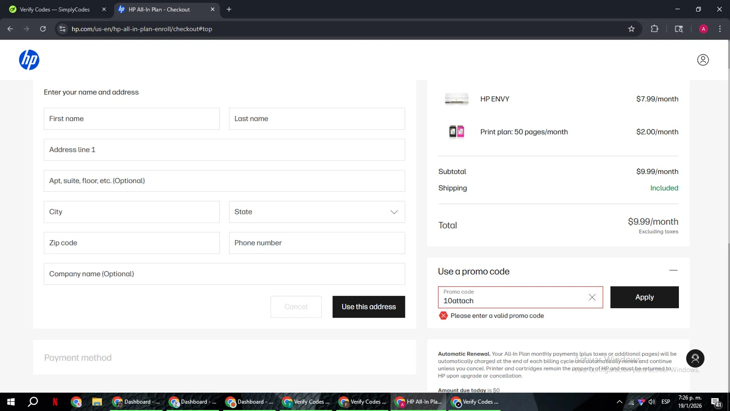 HP All-In Plan promo code screenshot showing code 10attach applied at HP All-In Plan checkout page. Uploaded by SimplyCodes community member BMWGS1200 on Jan 19, 2026