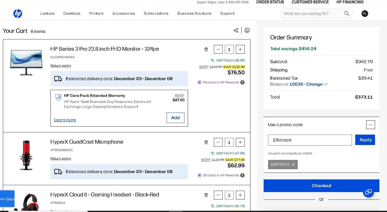HP All-In Plan promo code screenshot showing code 10attach applied at HP All-In Plan checkout page. Uploaded by SimplyCodes community member LAMINEJAMAL on Nov 28, 2025