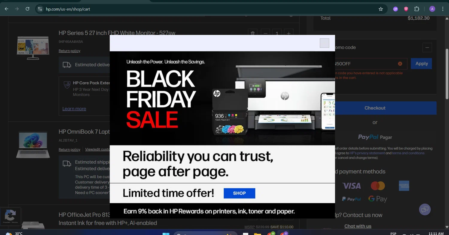 HP All-In Plan promo code screenshot showing code OMEN50OFF applied at HP All-In Plan checkout page. Uploaded by SimplyCodes community member AGDR28 on Nov 27, 2025