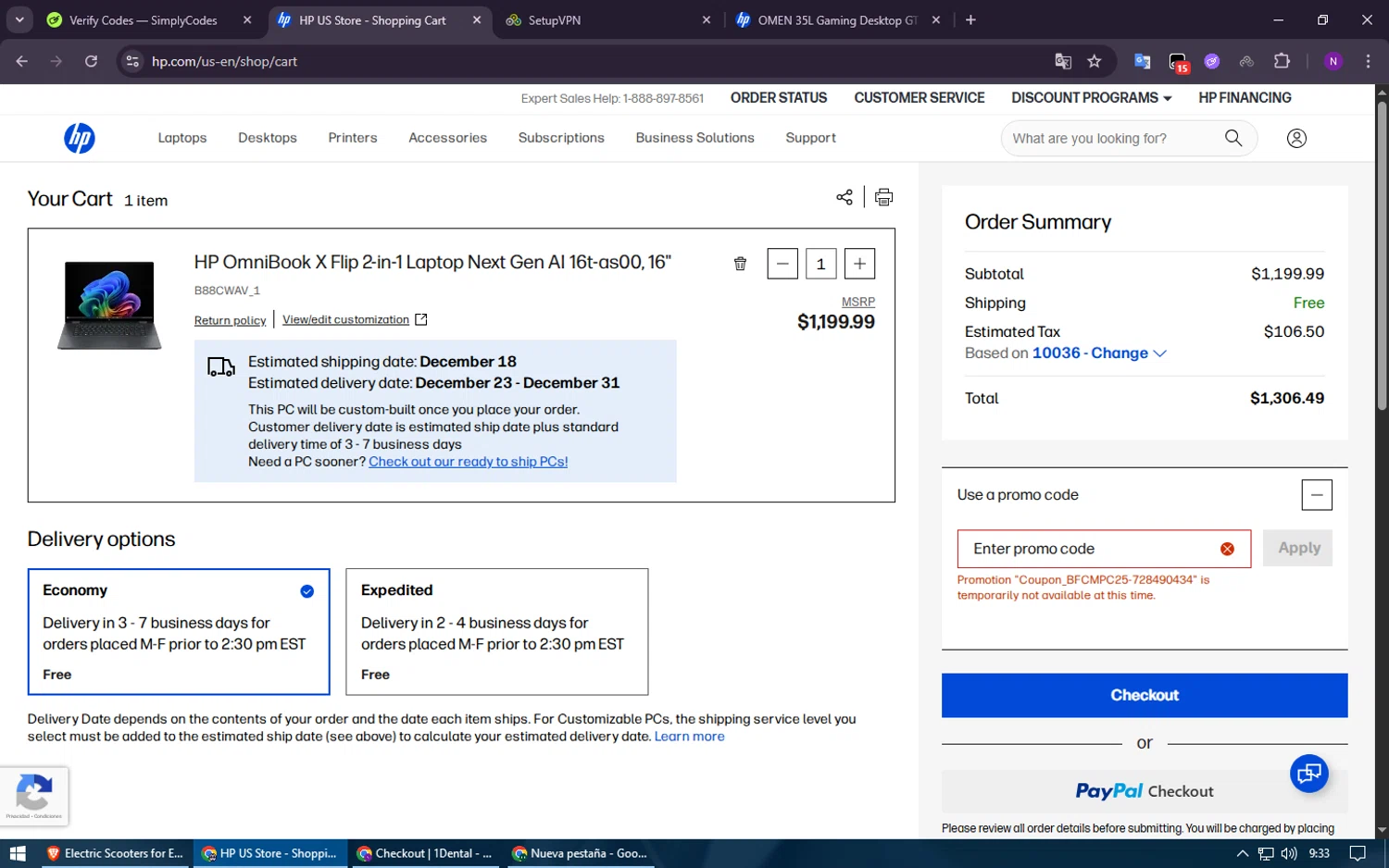 HP All-In Plan promo code screenshot showing code GRAVY25 applied at HP All-In Plan checkout page. Uploaded by SimplyCodes community member Voucher200 on Dec 9, 2025