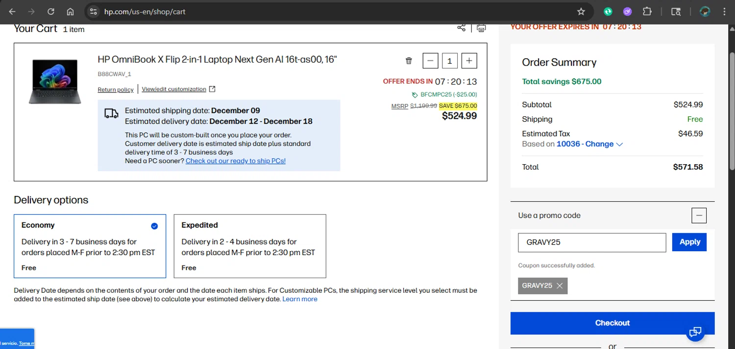 HP All-In Plan promo code screenshot showing code GRAVY25 applied at HP All-In Plan checkout page. Uploaded by SimplyCodes community member xAngel on Nov 29, 2025