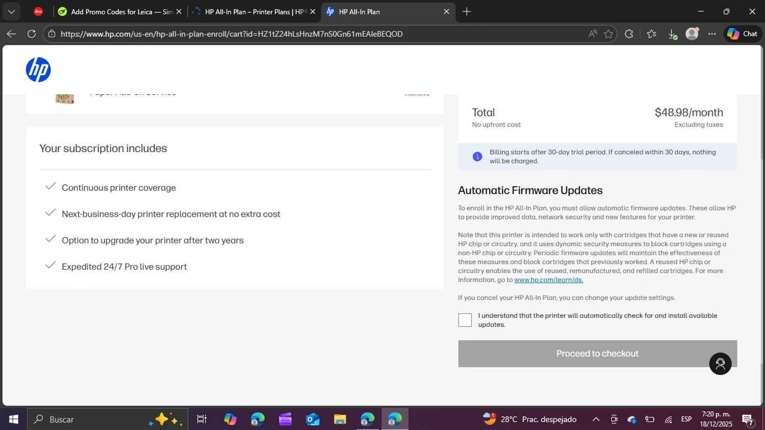 HP All-In Plan promo code screenshot showing code GOBBLE100 applied at HP All-In Plan checkout page. Uploaded by SimplyCodes community member BudgetPro6018 on Dec 18, 2025