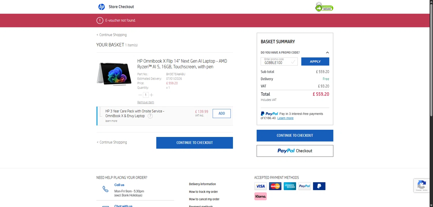 HP All-In Plan promo code screenshot showing code GOBBLE100 applied at HP All-In Plan checkout page. Uploaded by SimplyCodes community member TreasureScholar8716 on Jan 4, 2026