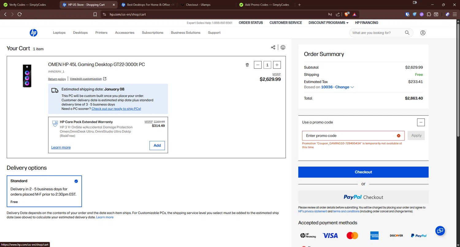 HP All-In Plan promo code screenshot showing code GAMING10 applied at HP All-In Plan checkout page. Uploaded by SimplyCodes community member echidanarara on Dec 19, 2025