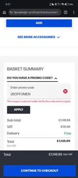 HP All-In Plan coupon verification screenshot