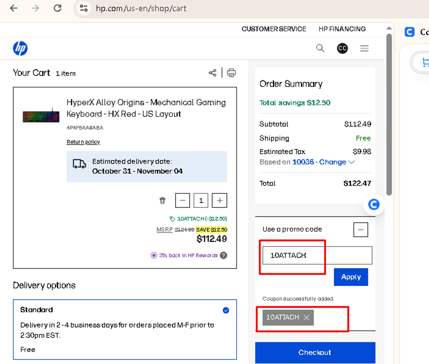 HP All-In Plan promo code screenshot showing code 10ATTACH applied at HP All-In Plan checkout page. Uploaded by SimplyCodes community member AMANDA2681 on Oct 29, 2025