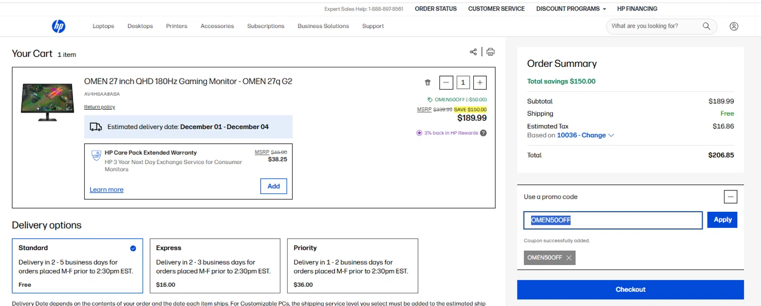 HP All-In Plan promo code screenshot showing code OMEN50OFF applied at HP All-In Plan checkout page. Uploaded by SimplyCodes community member yeresojperez on Nov 27, 2025