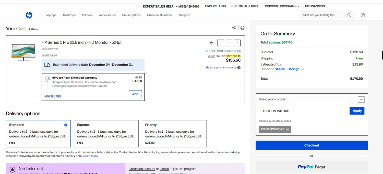 HP All-In Plan promo code screenshot showing code 10OFFMONITORS applied at HP All-In Plan checkout page. Uploaded by SimplyCodes community member yeresojperez on Dec 19, 2025