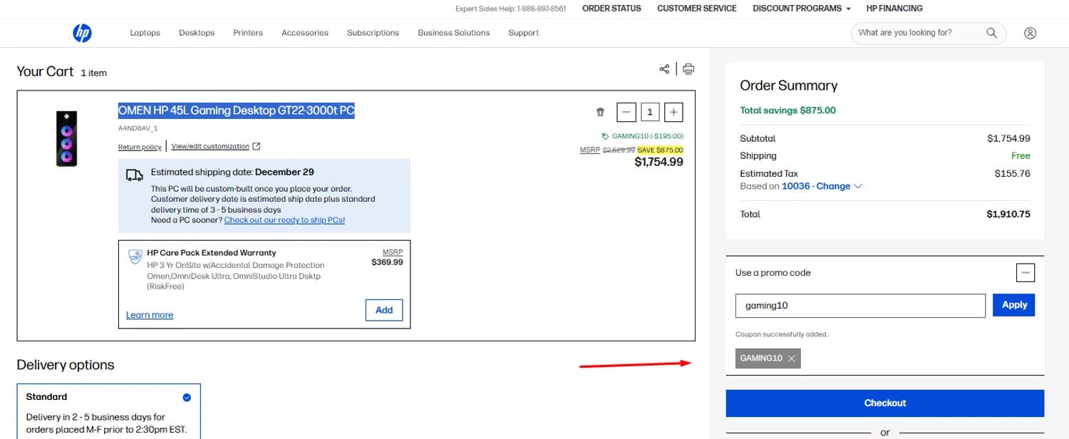 HP All-In Plan promo code screenshot showing code GAMING10 applied at HP All-In Plan checkout page. Uploaded by SimplyCodes community member yeresojperez on Dec 9, 2025