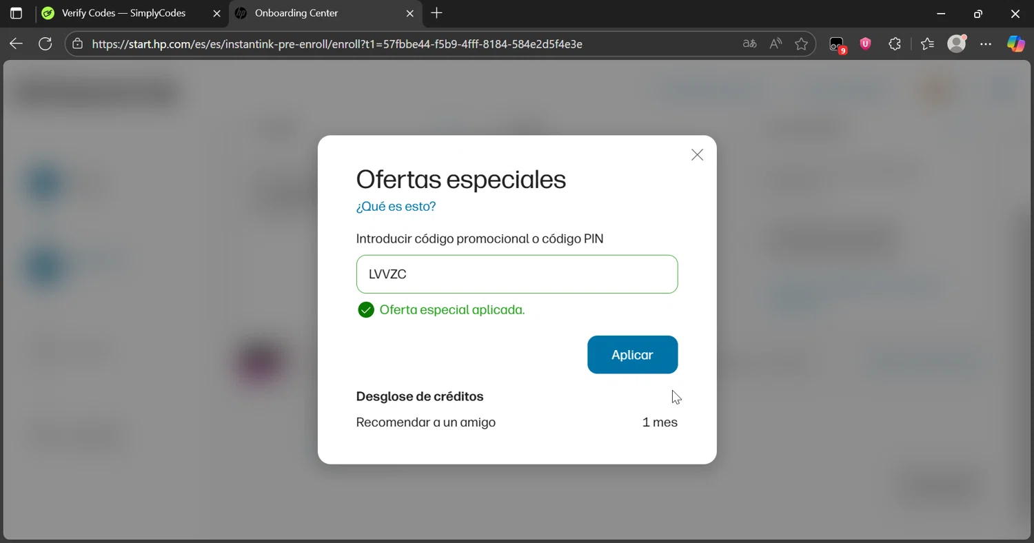 HP Instant Ink promo code screenshot showing code LVVZC applied at HP Instant Ink checkout page. Uploaded by SimplyCodes community member Lamine_Yamal on Aug 19, 2025