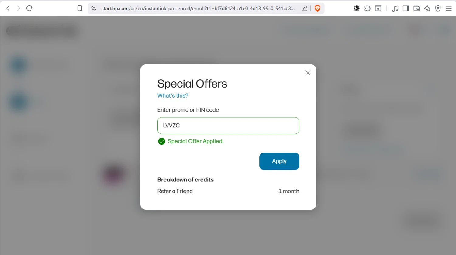 HP Instant Ink promo code screenshot showing code LVVZC applied at HP Instant Ink checkout page. Uploaded by SimplyCodes community member dayselis15 on Nov 20, 2025