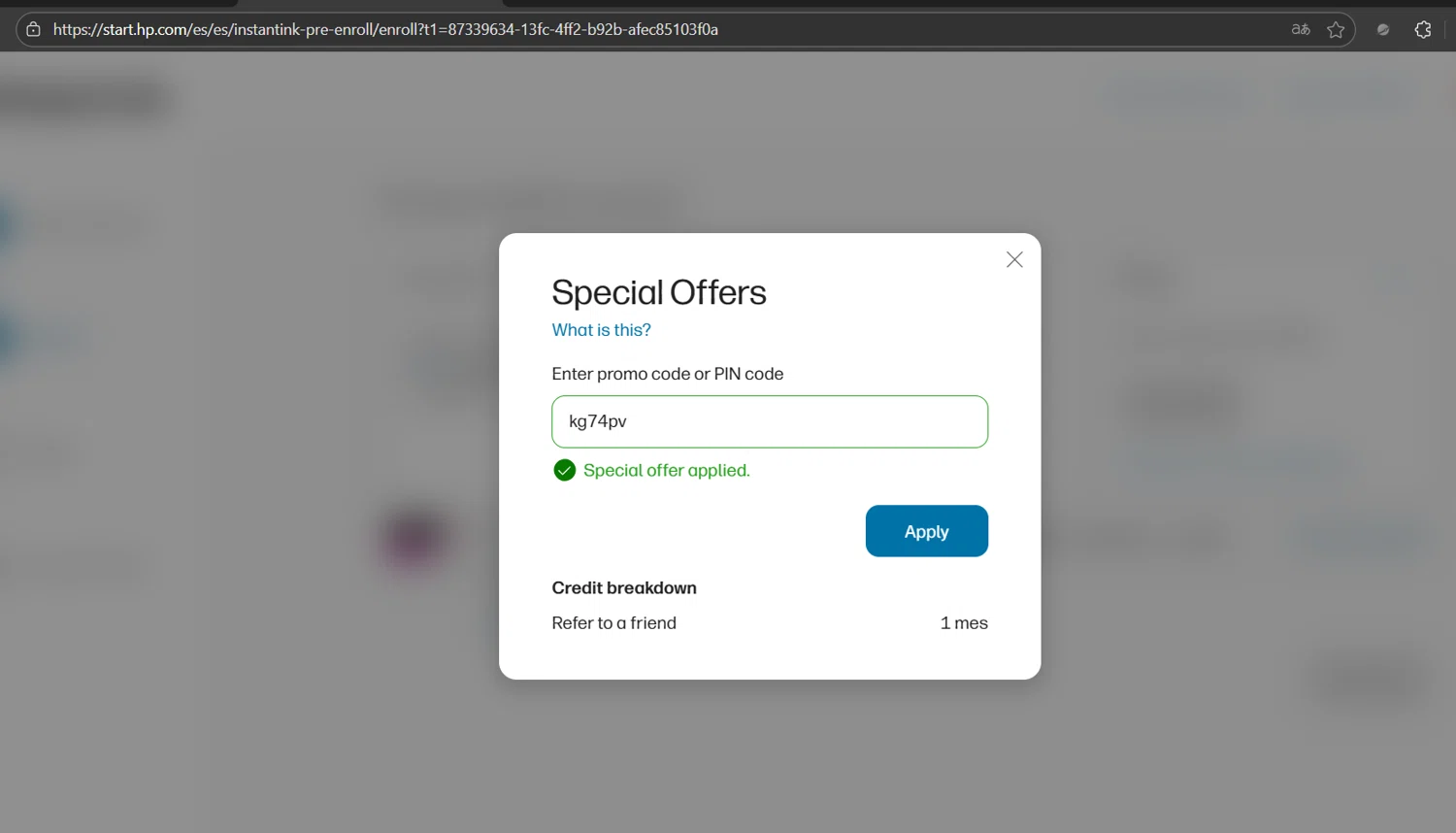 HP Instant Ink promo code screenshot showing code kg74pv applied at HP Instant Ink checkout page. Uploaded by SimplyCodes community member JasnibelEgu on Oct 18, 2025
