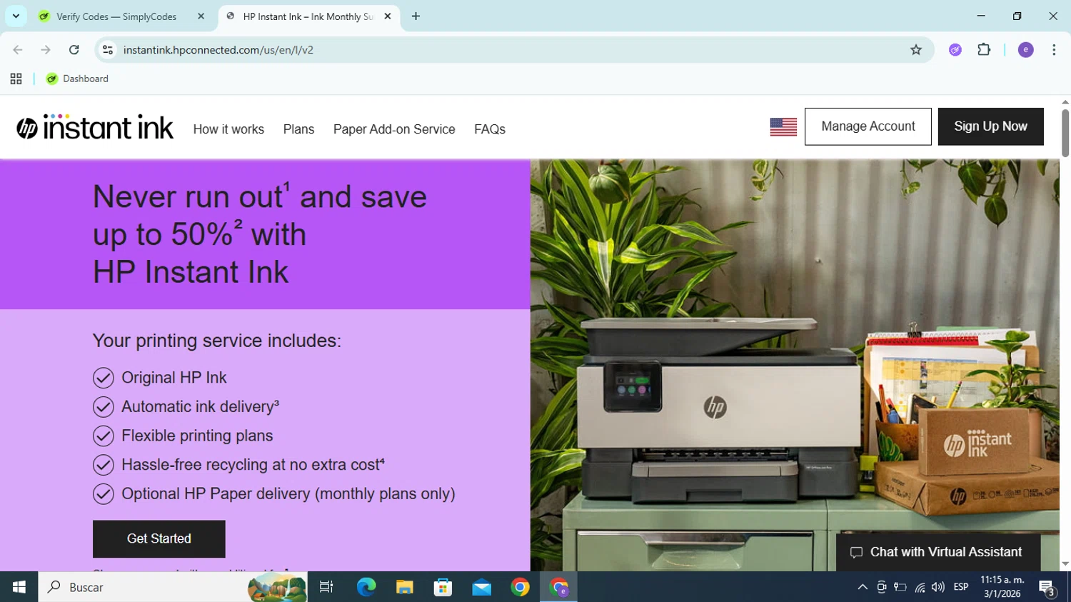 HP Instant Ink promo code screenshot showing code s1nd6r applied at HP Instant Ink checkout page. Uploaded by SimplyCodes community member Esteban14 on Jan 3, 2026