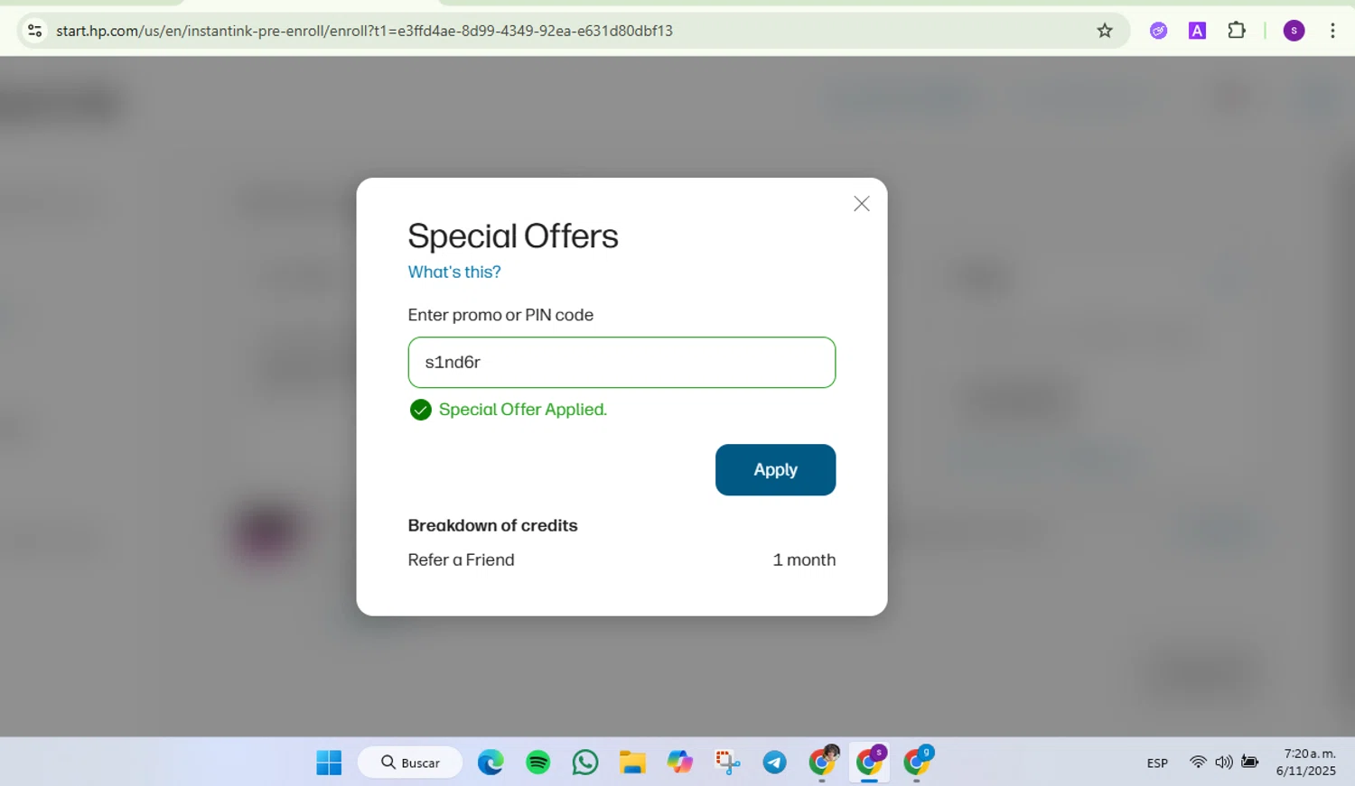 HP Instant Ink checkout page showing HP Instant Ink promo code box | Screenshot taken by SimplyCodes community member on Nov 6, 2025