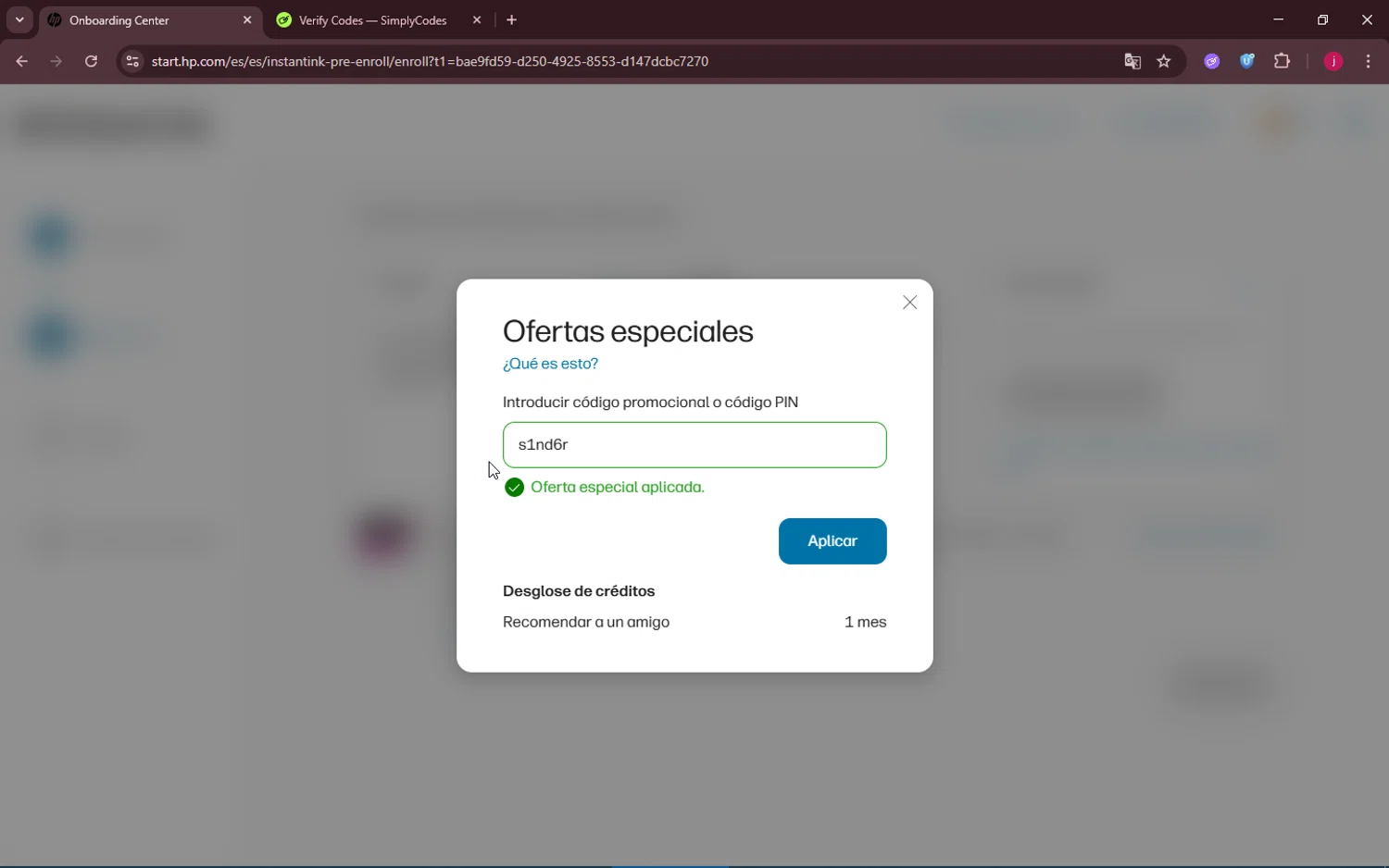 HP Instant Ink promo code screenshot showing code s1nd6r applied at HP Instant Ink checkout page. Uploaded by SimplyCodes community member ShrewdPioneer2612 on Dec 5, 2025