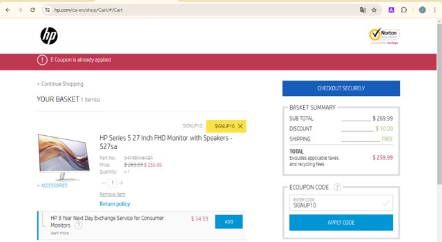 HP Store CA checkout page showing HP Store CA coupon code box | Screenshot taken by SimplyCodes community member on Feb 11, 2025