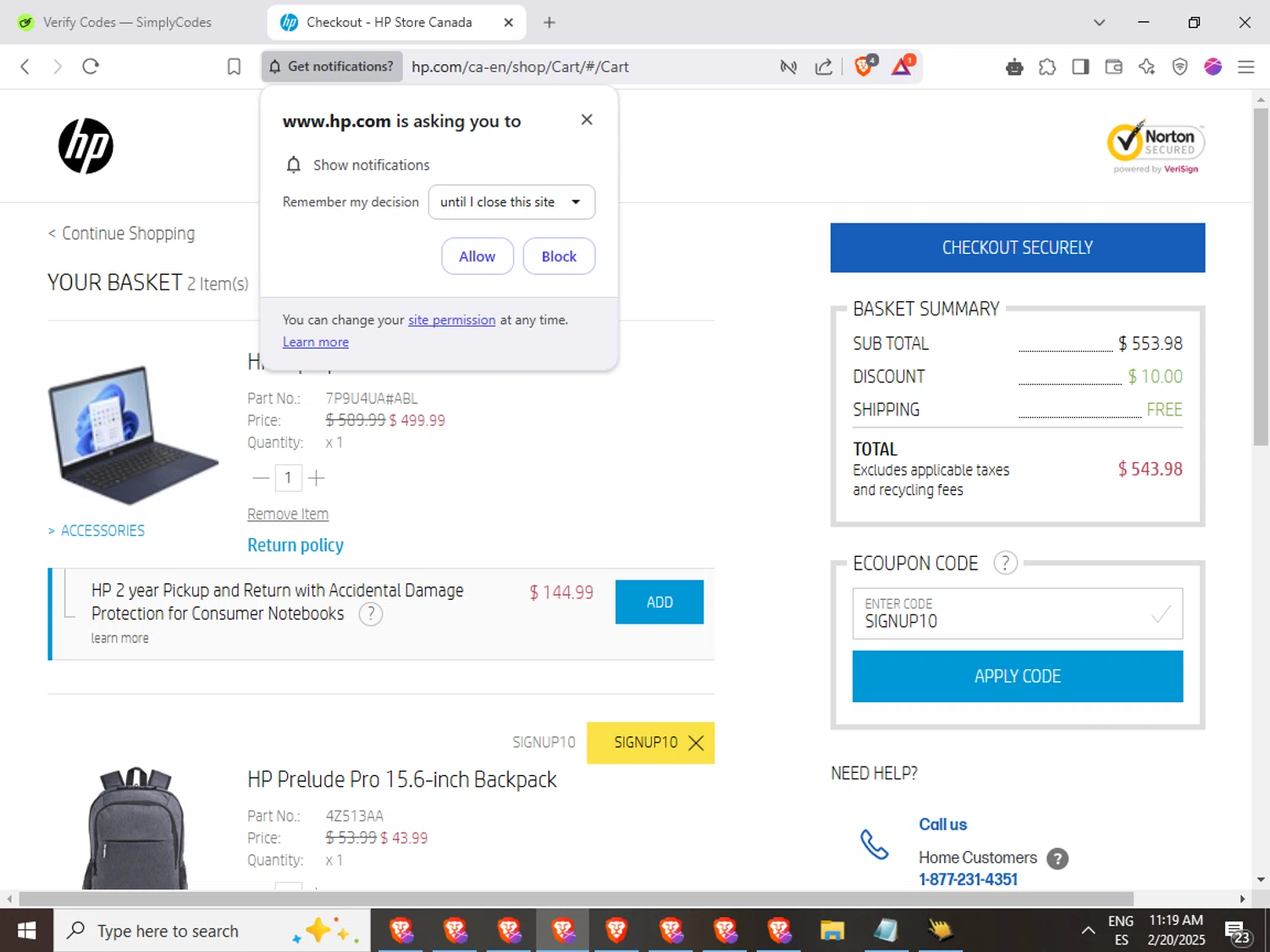 HP Store CA checkout page showing HP Store CA coupon code box | Screenshot taken by SimplyCodes community member on Feb 20, 2025