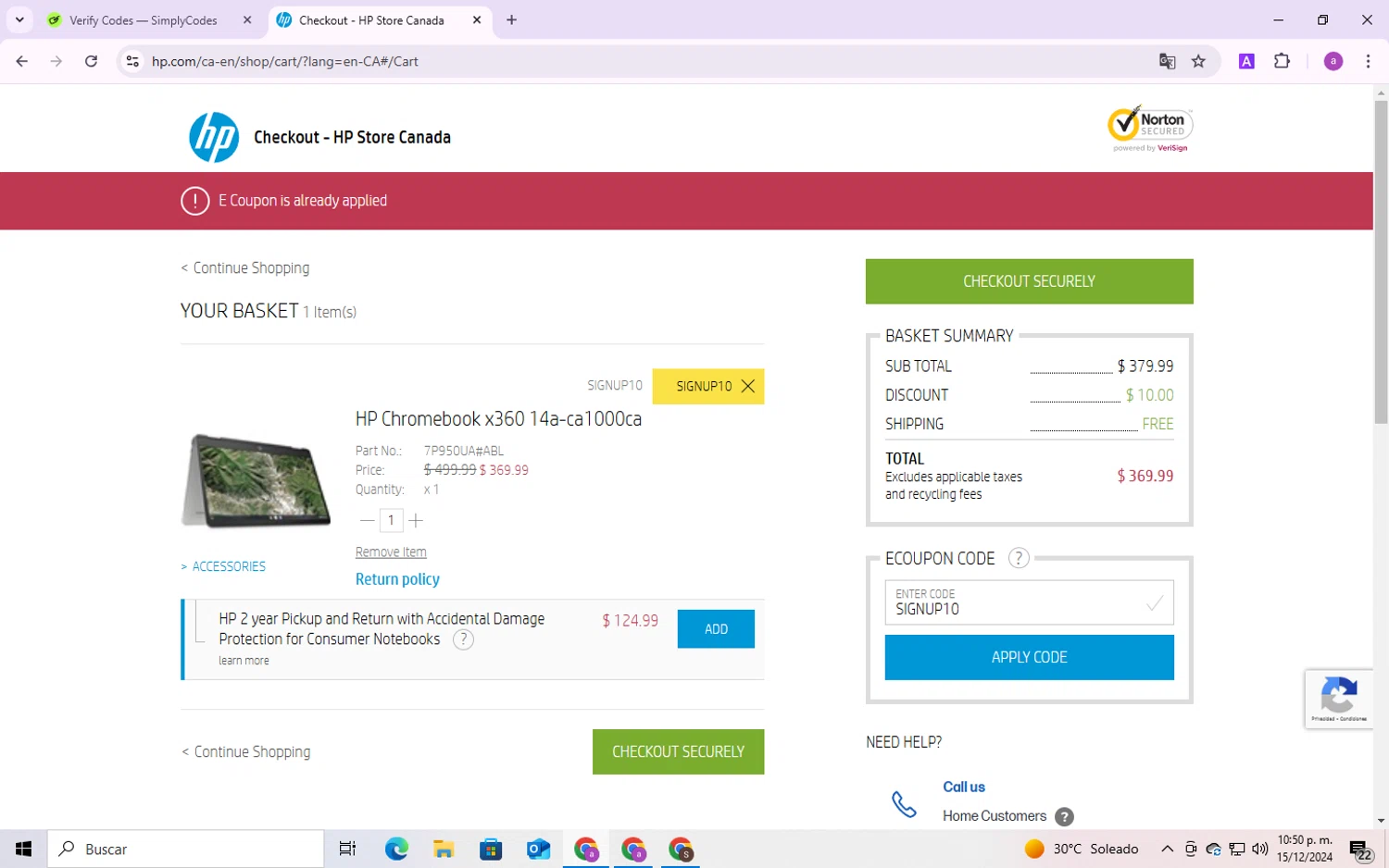 HP Store CA checkout page showing HP Store CA coupon code box | Screenshot taken by SimplyCodes community member on Dec 15, 2024