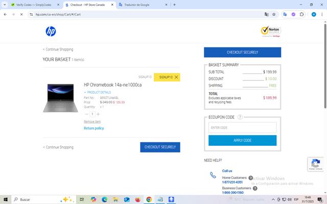 HP Store CA checkout page showing HP Store CA coupon code box | Screenshot taken by SimplyCodes community member on Jul 31, 2025
