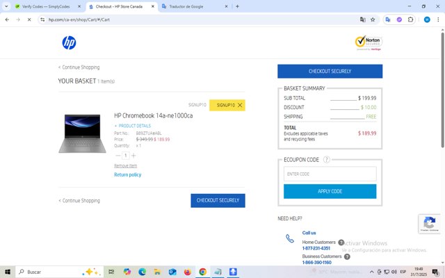 HP Store CA checkout page showing HP Store CA coupon code box | Screenshot taken by SimplyCodes community member on Jul 31, 2025