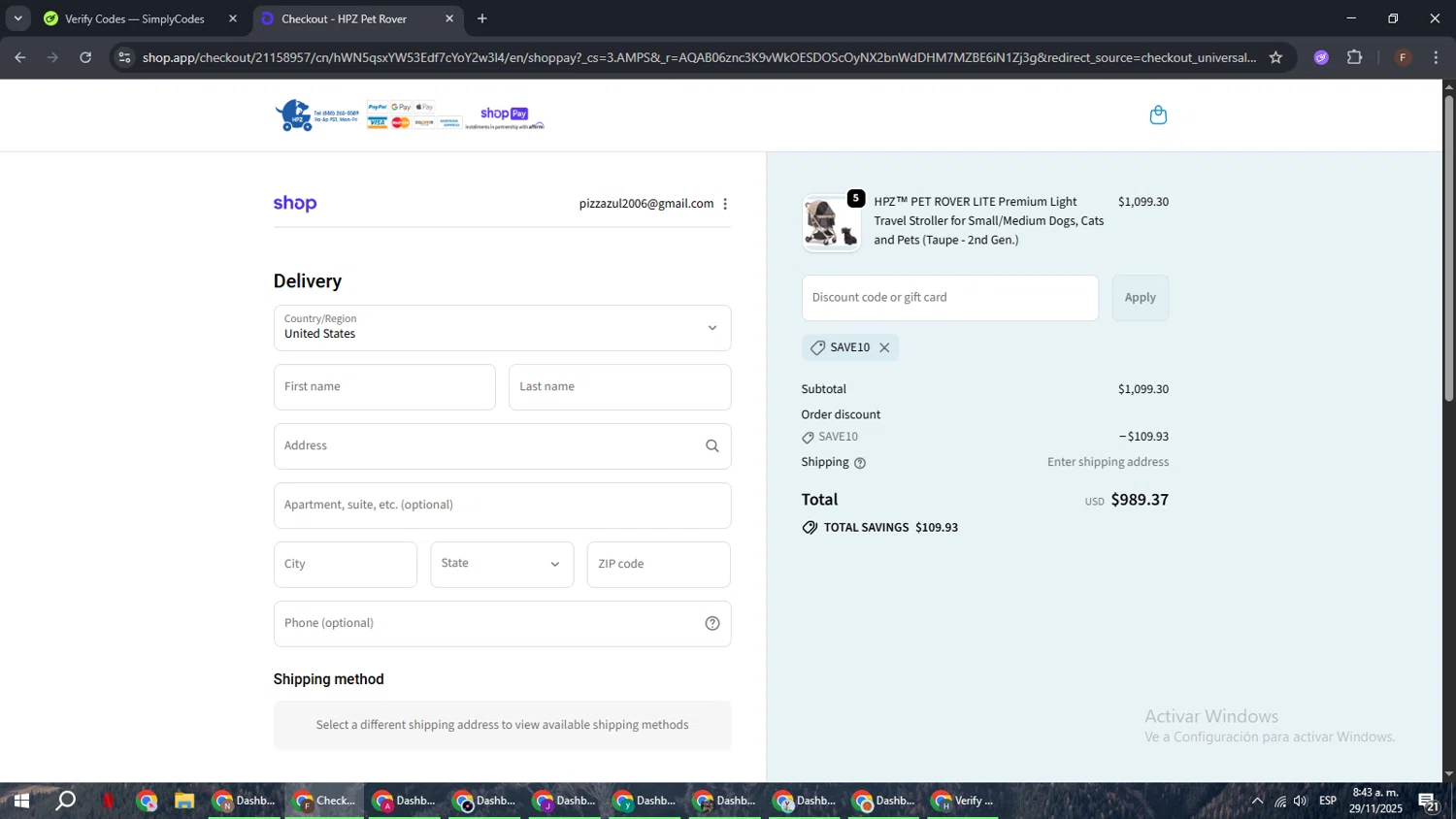 HPZ Pet Rover coupon code screenshot showing code SAVE10 applied at HPZ Pet Rover checkout page. Uploaded by SimplyCodes community member ExtraordinaryHunter3076 on Nov 29, 2025
