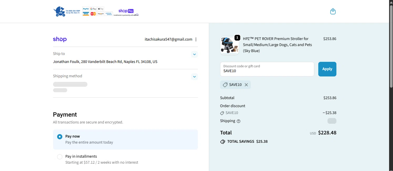 HPZ Pet Rover coupon code screenshot showing code SAVE10 applied at HPZ Pet Rover checkout page. Uploaded by SimplyCodes community member noworries on Nov 24, 2025