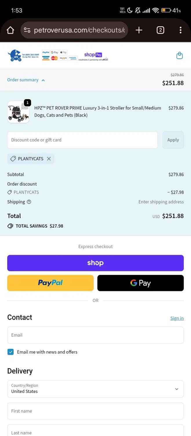 HPZ Pet Rover coupon code screenshot showing code PLANTYCATS applied at HPZ Pet Rover checkout page. Uploaded by SimplyCodes community member RebateShopper5497 on Oct 22, 2025