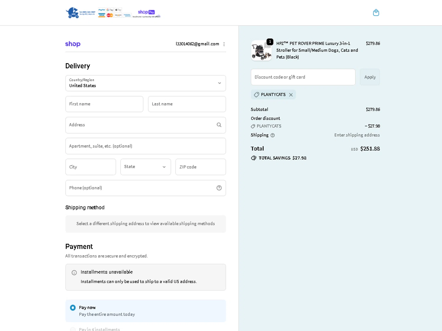 HPZ Pet Rover coupon code screenshot showing code PLANTYCATS applied at HPZ Pet Rover checkout page. Uploaded by SimplyCodes community member alexdaal on Dec 28, 2025
