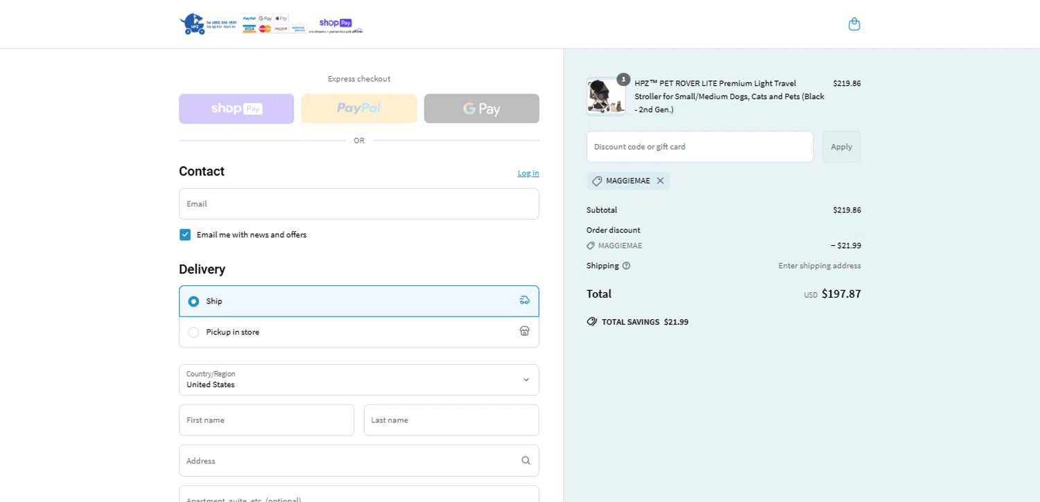 HPZ Pet Rover coupon code screenshot showing code MAGGIEMAE applied at HPZ Pet Rover checkout page. Uploaded by SimplyCodes community member Rayyyyyy on May 3, 2025